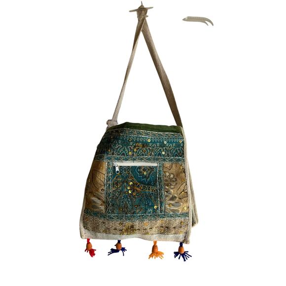 Dolls of India Jute Bag - green/teal/multi color - beads and sequence handbag - Picture 1 of 11